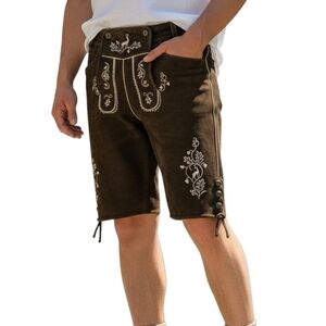 Vintage Leather Lederhosen: Embroidered Dark Brown. Oktoberfest. L/XL